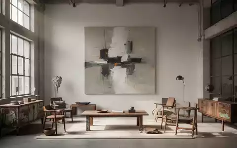 Minimalistisch eingerichtetes Atelier mit einem großformatigen Kunstwerk als zentralem Blickfang und Vintage-Möbeln. - Foto: über boerse-global.de