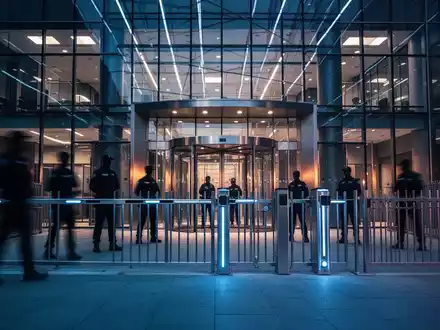 Modernes Bürogebäude eines Rüstungsunternehmens in der Abenddämmerung mit Fokus auf Sicherheit und Schutzmaßnahmen. - Foto: über boerse-global.de