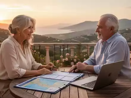 Ein älteres Paar plant auf einer sonnigen Terrasse mit Laptop und Dokumenten ihren Ruhestand im Ausland. - Foto: über boerse-global.de
