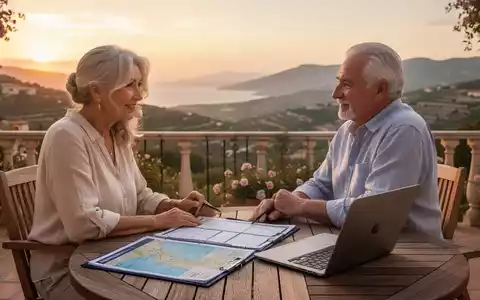 Ein älteres Paar plant auf einer sonnigen Terrasse mit Laptop und Dokumenten ihren Ruhestand im Ausland. - Foto: über boerse-global.de
