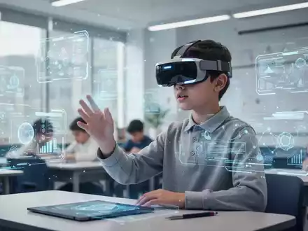 Eine Person mit einer Mixed-Reality-Brille interagiert mit holografischen Lernelementen in einem modernen Unterrichtsraum. - Foto: ĂŒber boerse-global.de