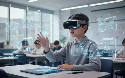 Eine Person mit einer Mixed-Reality-Brille interagiert mit holografischen Lernelementen in einem modernen Unterrichtsraum. - Foto: über boerse-global.de
