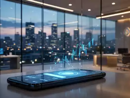 Ein Smartphone mit einer Banking-App im Vordergrund vor einer modernen, beleuchteten Bankfiliale. - Foto: über boerse-global.de