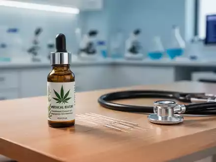 Medizinische Utensilien wie Akupunkturnadeln und Cannabisextrakt auf einem Holztisch in einer modernen Arztpraxis. - Foto: über boerse-global.de