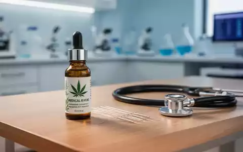 Medizinische Utensilien wie Akupunkturnadeln und Cannabisextrakt auf einem Holztisch in einer modernen Arztpraxis. - Foto: über boerse-global.de