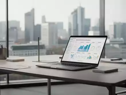 Moderner, minimalistischer Büroarbeitsplatz mit Laptop vor einem verschwommenen Stadtbild als Symbol für moderne Arbeitszeit. - Foto: über boerse-global.de