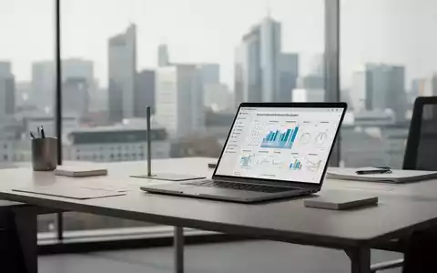 Moderner, minimalistischer Büroarbeitsplatz mit Laptop vor einem verschwommenen Stadtbild als Symbol für moderne Arbeitszeit. - Foto: über boerse-global.de