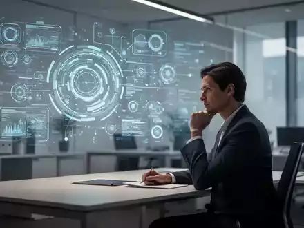 Ein nachdenklicher Mensch an einem modernen Schreibtisch in einem professionellen Büro mit digitaler Lichtprojektion. - Foto: über boerse-global.de