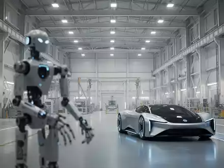 Ein humanoider Roboter und ein autonomes Fahrzeug in einer futuristischen Tesla Terafab Produktionshalle in Texas. - Foto: über boerse-global.de