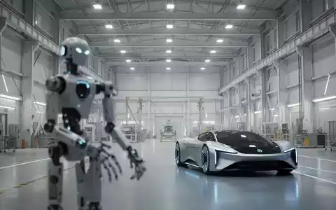 Ein humanoider Roboter und ein autonomes Fahrzeug in einer futuristischen Tesla Terafab Produktionshalle in Texas. - Foto: über boerse-global.de