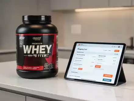 Eine Dose Whey-Protein neben einem Tablet mit Online-Einkaufsdaten auf einer modernen Küchentheke. - Foto: über boerse-global.de
