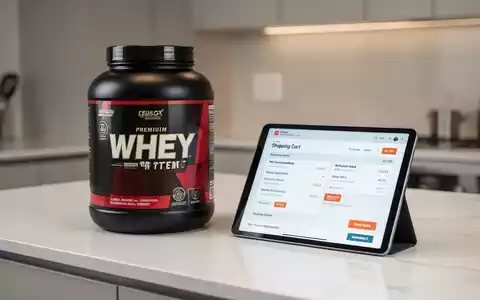 Eine Dose Whey-Protein neben einem Tablet mit Online-Einkaufsdaten auf einer modernen Küchentheke. - Foto: über boerse-global.de