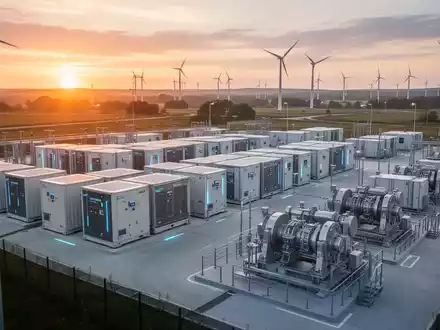 Moderne industrielle Energiespeicheranlage bei Sonnenuntergang als Symbol für autarke Stromversorgung. - Foto: über boerse-global.de