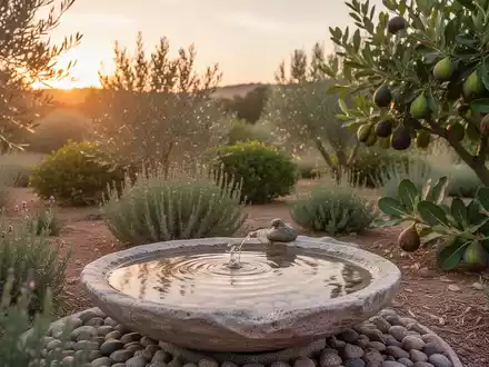 Ein naturnaher Garten mit einer Wildtier-Tränke aus Steinen an einem heißen Sommertag. - Foto: über boerse-global.de