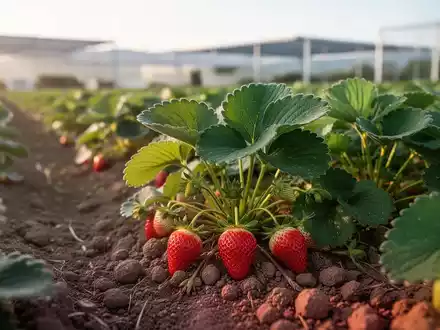 Nahaufnahme einer Erdbeerpflanze auf einem landwirtschaftlichen Feld bei natürlichem Licht. - Foto: über boerse-global.de