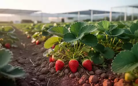 Nahaufnahme einer Erdbeerpflanze auf einem landwirtschaftlichen Feld bei natürlichem Licht. - Foto: über boerse-global.de