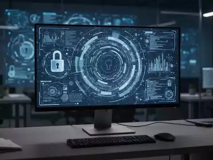 Ein moderner PC vor einem verschwommenen digitalen Sicherheits-Interface, das die Thematik der Betriebssystem-Installation symbolisiert. - Foto: über boerse-global.de