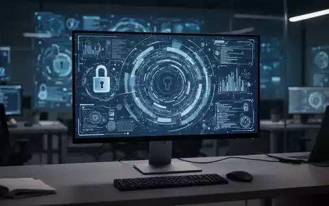 Ein moderner PC vor einem verschwommenen digitalen Sicherheits-Interface, das die Thematik der Betriebssystem-Installation symbolisiert. - Foto: über boerse-global.de