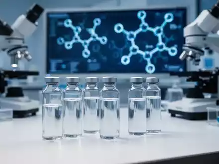 Wissenschaftliches Labor mit Glasfläschchen und biochemischen Strukturen als Symbol für Peptid- und NAD-Forschung. - Foto: über boerse-global.de