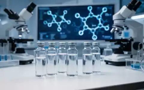 Wissenschaftliches Labor mit Glasfläschchen und biochemischen Strukturen als Symbol für Peptid- und NAD-Forschung. - Foto: über boerse-global.de