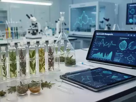 Ein modernes medizinisches Labor mit wissenschaftlichen Geräten und digitalen Datenanalysen zur Erforschung ayurvedischer Heilverfahren. - Foto: über boerse-global.de