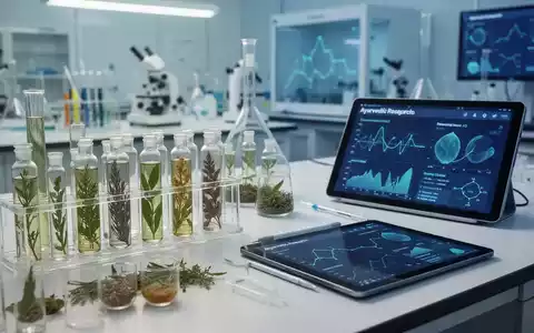 Ein modernes medizinisches Labor mit wissenschaftlichen Geräten und digitalen Datenanalysen zur Erforschung ayurvedischer Heilverfahren. - Foto: über boerse-global.de