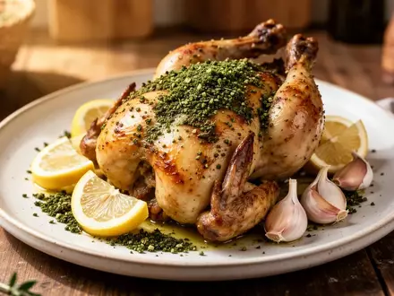 Nahaufnahme eines gebratenen Zitronen-Zaatar-Hühnchens mit Gewürzkräutern auf einem eleganten Teller. - Foto: über boerse-global.de