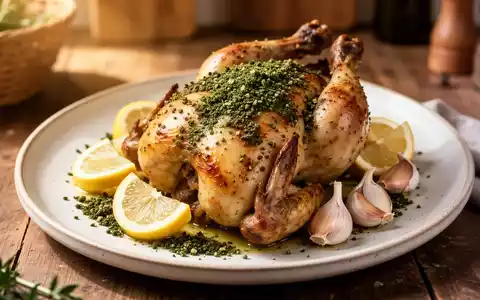 Nahaufnahme eines gebratenen Zitronen-Zaatar-Hühnchens mit Gewürzkräutern auf einem eleganten Teller. - Foto: über boerse-global.de