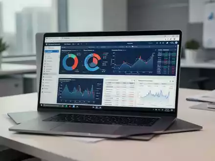 Moderner Büroarbeitsplatz mit Laptop, auf dem Finanzdaten und Buchhaltungssoftware für den Jahresabschluss zu sehen sind. - Foto: über boerse-global.de