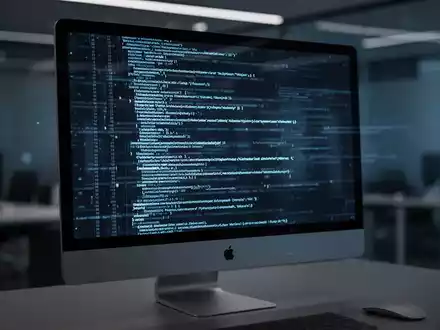 Ein moderner Apple-Computerbildschirm mit abstraktem Programmcode in einer dunklen, professionellen Büroumgebung. - Foto: über boerse-global.de