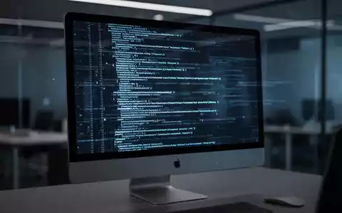 Ein moderner Apple-Computerbildschirm mit abstraktem Programmcode in einer dunklen, professionellen Büroumgebung. - Foto: über boerse-global.de