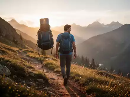 Ein Wanderer auf einem Bergpfad im goldenen Licht als Symbol fĂŒr gesundheitsfördernde Bewegung. - Foto: ĂŒber boerse-global.de