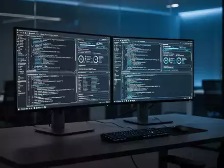 Ein moderner Computerarbeitsplatz mit komplexen Systemdiagnosedaten auf den Bildschirmen in einer dunklen Büroumgebung. - Foto: über boerse-global.de