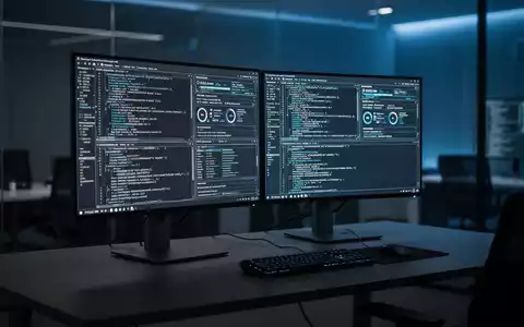 Ein moderner Computerarbeitsplatz mit komplexen Systemdiagnosedaten auf den Bildschirmen in einer dunklen Büroumgebung. - Foto: über boerse-global.de
