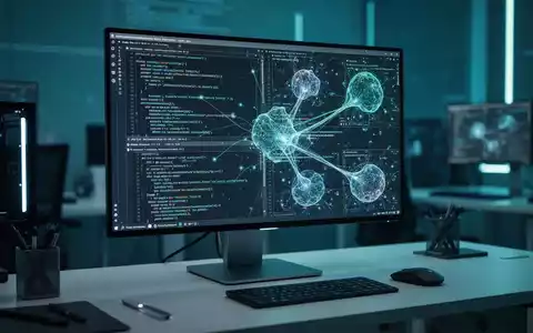 Ein moderner Arbeitsplatz mit Monitoren, die komplexen Programmcode und Datenvisualisierungen für KI-Software zeigen. - Foto: über boerse-global.de