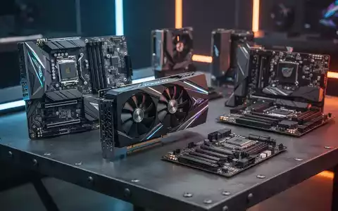 Hochwertige Grafikkarten und Mainboards auf dunklem Schreibtisch, die Hardware-Einzelhandelstrends darstellen. - Foto: über boerse-global.de