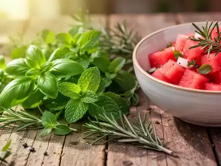 Frische Kräuter wie Minze und Basilikum neben einem Wassermelonen-Salat auf einem Holztisch bei sommerlichem Sonnenlicht. - Foto: über boerse-global.de