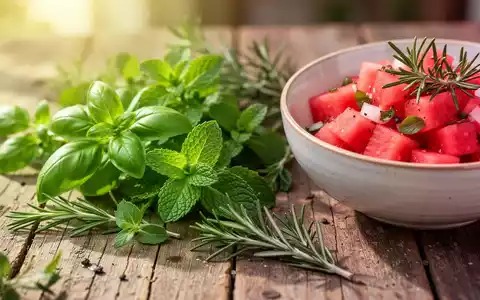 Frische Kräuter wie Minze und Basilikum neben einem Wassermelonen-Salat auf einem Holztisch bei sommerlichem Sonnenlicht. - Foto: über boerse-global.de