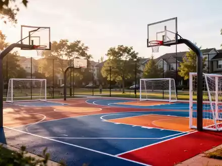 Modernes Multifunktionssportfeld in einer Parkanlage mit EPDM-Bodenbelag bei hellem Tageslicht. - Foto: über boerse-global.de