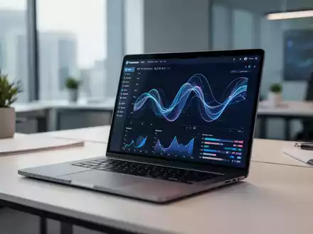 Ein moderner, minimalistischer Arbeitsplatz mit einem Laptop, auf dem eine abstrakte Datenvisualisierung zu sehen ist. - Foto: über boerse-global.de