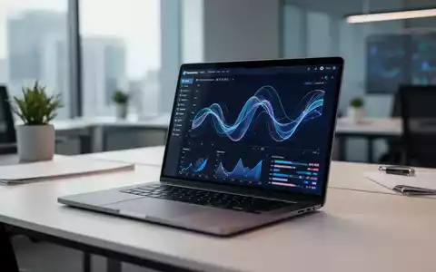 Ein moderner, minimalistischer Arbeitsplatz mit einem Laptop, auf dem eine abstrakte Datenvisualisierung zu sehen ist. - Foto: über boerse-global.de