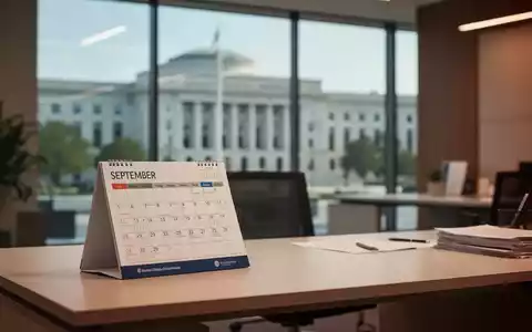 Ein Schreibtisch mit einem Kalender vor einem unscharfen Hintergrund eines Bürogebäudes im öffentlichen Dienst. - Foto: über boerse-global.de