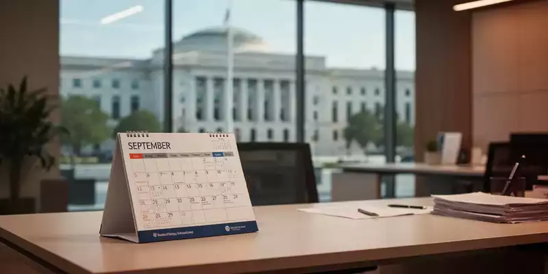 Ein Schreibtisch mit einem Kalender vor einem unscharfen Hintergrund eines Bürogebäudes im öffentlichen Dienst. - Foto: über boerse-global.de