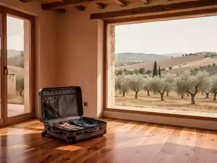 Ein offener Koffer in einem minimalistischen, sonnendurchfluteten Raum mit Blick auf eine mediterrane Hügellandschaft. - Foto: über boerse-global.de