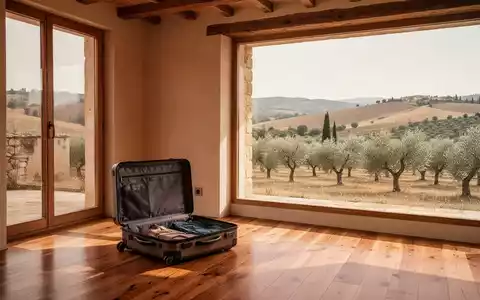 Ein offener Koffer in einem minimalistischen, sonnendurchfluteten Raum mit Blick auf eine mediterrane Hügellandschaft. - Foto: über boerse-global.de