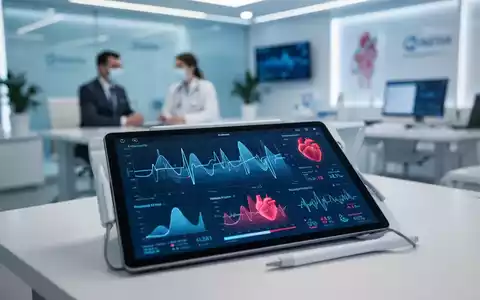 Digitales Tablet mit medizinischen Gesundheitsdaten und Herzfrequenzanzeigen in einer modernen Arztpraxis. - Foto: über boerse-global.de