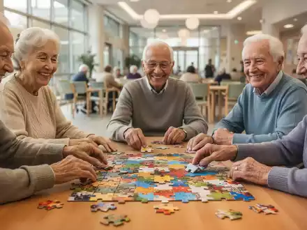 Eine Gruppe älterer Menschen sitzt gemeinsam an einem Tisch und löst konzentriert ein Puzzle, um die kognitive Fitness zu fördern. - Foto: über boerse-global.de