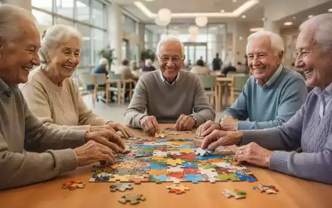 Eine Gruppe älterer Menschen sitzt gemeinsam an einem Tisch und löst konzentriert ein Puzzle, um die kognitive Fitness zu fördern. - Foto: über boerse-global.de