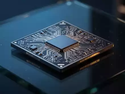 Hochleistungs-KI-Halbleiterchip auf glänzender, dunkler Fläche unter cineastischem Licht. - Foto: über boerse-global.de