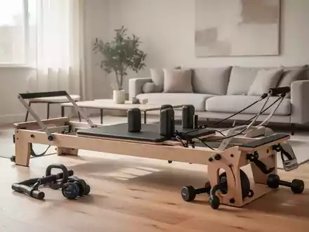 Fitnessgeräte und ein Reformer Board in einem hellen, modernen Wohnzimmer als Symbol für Heimtraining. - Foto: über boerse-global.de